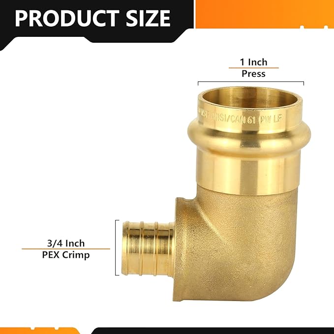 5-Pack HeSun Copper Press Fitting Elbow, 1" PRESS X 3/4" PEX F1807 Crimp Elbow, LF Brass