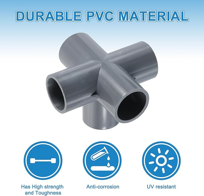 uxcell 3/4" PVC Fittings, 4 Pcs 5 Way Elbow Connector Elbow PVC Furniture Fittings Corner Fitting for Water Supplies PVC Furniture DIY Shelf Greenhouse Tent Connection, Grey