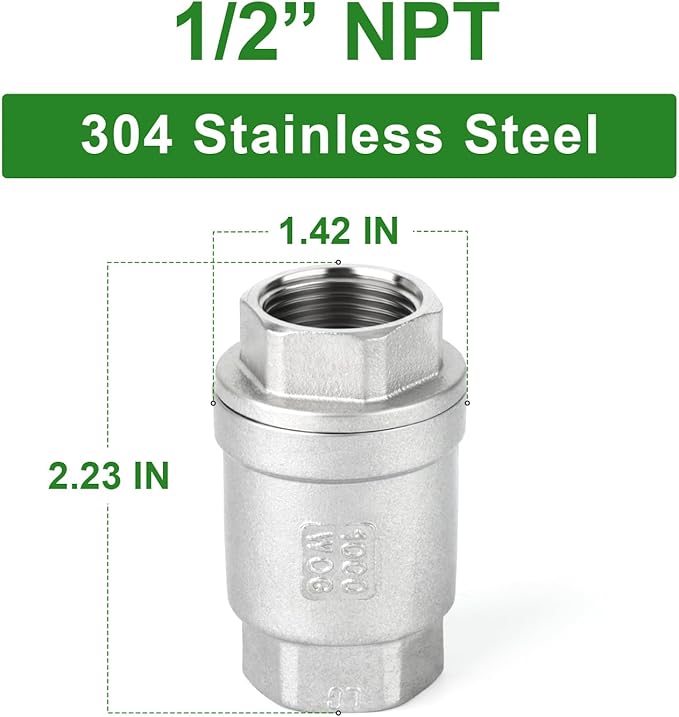 TAISHER 1PCS 304 Stainless Steel 1/2" NPT Female Vertical Check Valve，Backflow Prevention, One Way Spring Check Valves CF8 WOG 1000