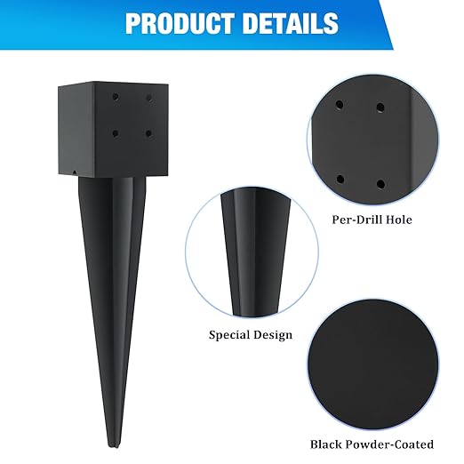 2 Pcs 4"x4" Fence Post Anchor Ground Spike 16"(Actual 3.6"x3.6") Heavy Duty Metal Fence Post Anchor with Black Powder-Coated for Deck,Fence,Porch,Railing,Mailbox