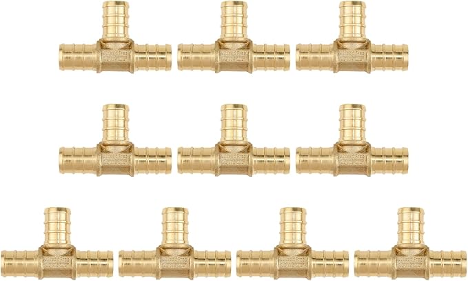1/2" PEX Tee Brass Pipe Fitting (10Pack) - Anti-Corrosion, Lead-Free, 5 Year Warranty, Multiple Certifications, Easy Installation for Plumbing Repairs and Home DIY