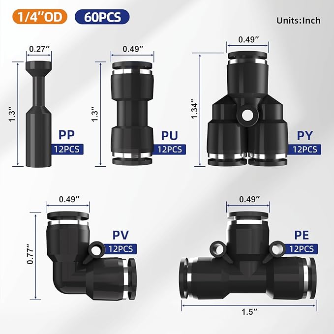 60pcs 1/4" Push to Connect Fittings, 1/4 inch OD Air Hose Tubing Air Line Fittings Pneumatic Quick Connects Kit (Tee, Straights, Elbows, Splitters,Plugs)