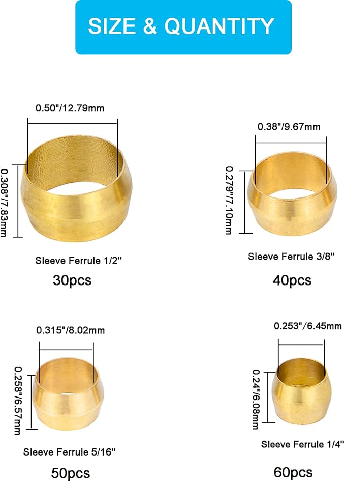 180PCS Tube OD（1/4" 5/16" 3/8" 1/2") Brass Compression Sleeves Ferrules,4 Sizes Brass Compression Fitting Assortment Kit