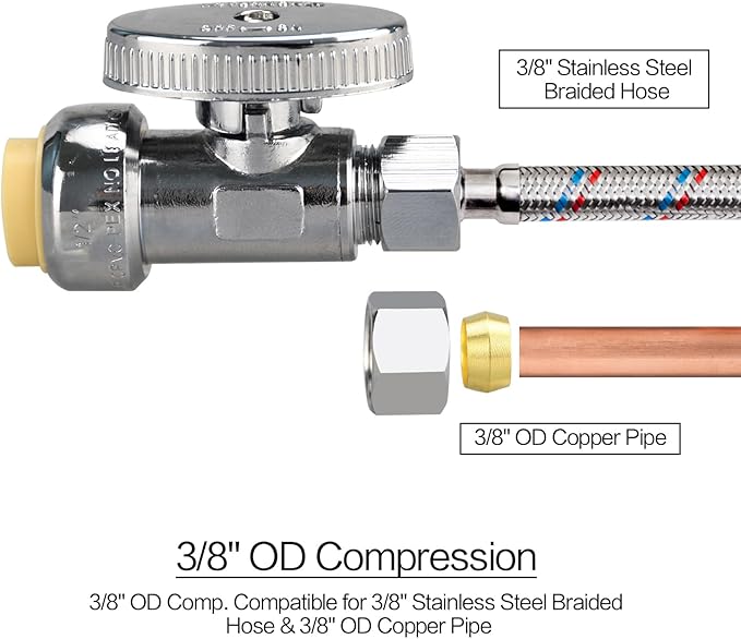10pcs Stop Valves, 1/2" × 3/8" Straight Stop Valve, 1/2" PTC Input, 3/8" OD Compression Output, Push to Connect, 1/4 Turn, Chrome Plated Brass for Faucet, No Lead
