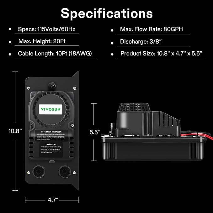 VIVOSUN Automatic Condensate Removal Pump, 115 Volts/60Hz, 80GPH, 1/30 HP with Safety Switch and Tubing for Air Conditioners, Dehumidifiers, Ice Machines, Furnaces, Black