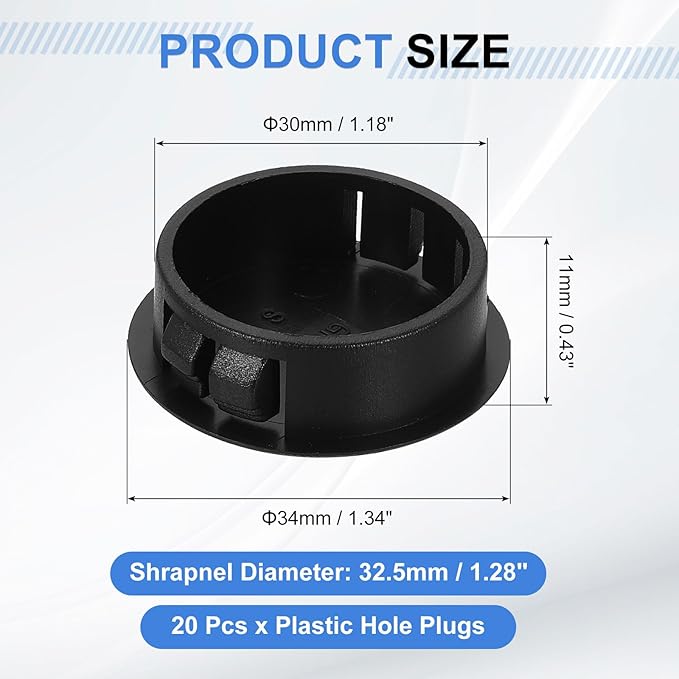 uxcell 20Pcs Plastic Hole Plugs, 30mm(1-3/16") Flush Type Panel Plugs, Round Snap Knockout Locking Plugs for Furniture Insert End Caps Panels, Black