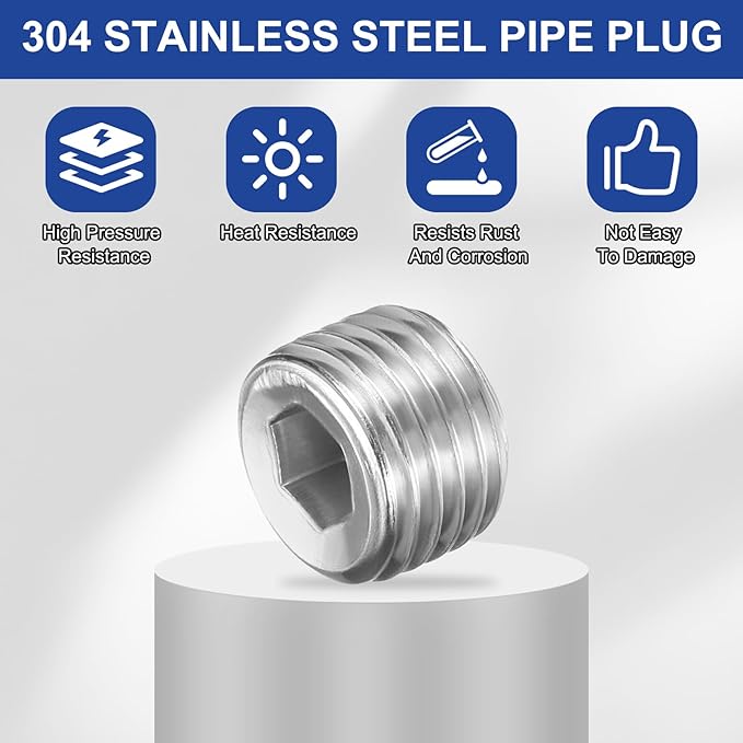 PATIKIL 5 Pcs 304 Stainless Steel Pipe Plug M14 x 2 Male Internal Hex Thread Socket Pipe Plug Hex Countersunk Pipe Fitting for Sealing Water Oil Gas Pipeline, Silver