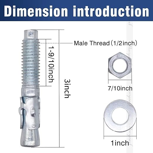 1/2" x 3" Wedge Anchor, for Cement and Concrete only, zinc-Plated Carbon Steel Screws and lag Bolts （10 pcs