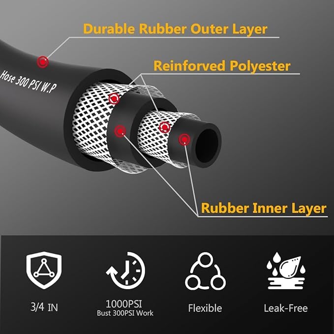 Leader Garden Hose 10ft x 3/4", Heavy Duty Short Water Hose, Male to Female Fittings, Five Layered Braiding for Durability, 1000PSI Burst, 300PSI Working (Black)