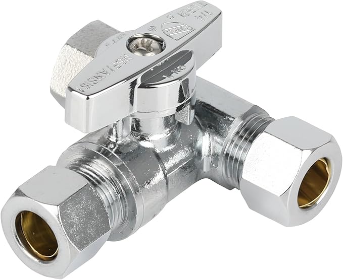 (Pack of 2) EFIELD 1/4-Turn Stop Tee Compression Stop Valve, 3/8" OD x 3/8" OD x 1/4" OD, Chrome Plated Brass, UPC Certified,(VALVE463)