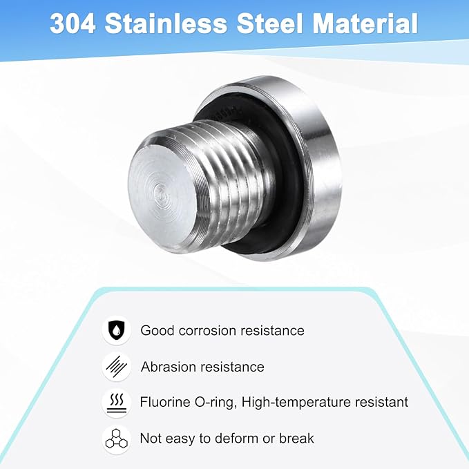 1-Pack Inner Hex Head Pipe Fitting Plug, 1/4 NPT 304 Stainless Steel Socket Bung Plug with Sealing Ring for Terminate Pipe Ends/Replacement Drains