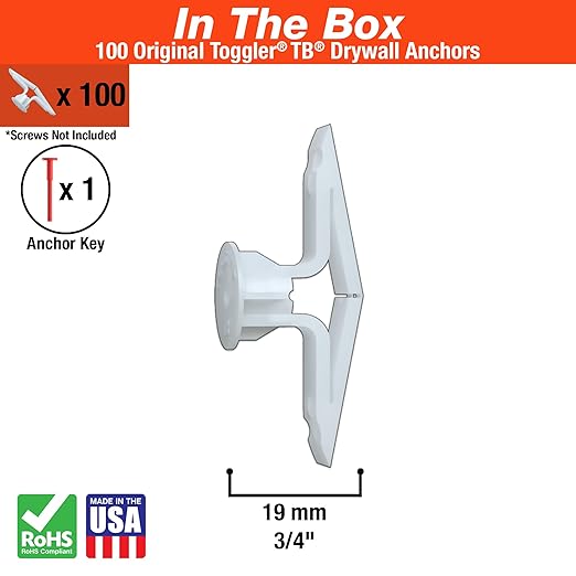 TOGGLER Toggle TB Residential Drywall Anchor, Polypropylene, Made in US, 3/8" to 1/2" Grip Range, For #6 to #14 Fastener Sizes (Pack of 100)