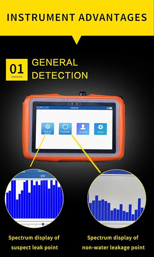 PQWT L4000 Underground Water Leak Detectors Indoor Outdoor Wall Water Pipe Detector Machine Multi Sensor Acoustic Pipeline Leakage Detection Kit Noise Reduction Headphone Smart Touchscreen Carry Case