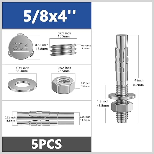 5Pcs 5/8x4 Inch Standard Fasteners for Heavy-Duty 304 Stainless Steel Wedge Anchors for Cement and Concrete
