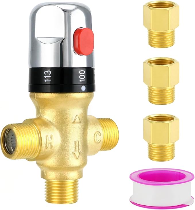 QWORK Thermostatic Mixing Valve, 2 Pack Solid Brass Pipe Water Valve with Temperature Control - 1/2 NPT Male Connections - Includes 3 Adapters, Suitable for Wash Basins, Showers, Kitchens