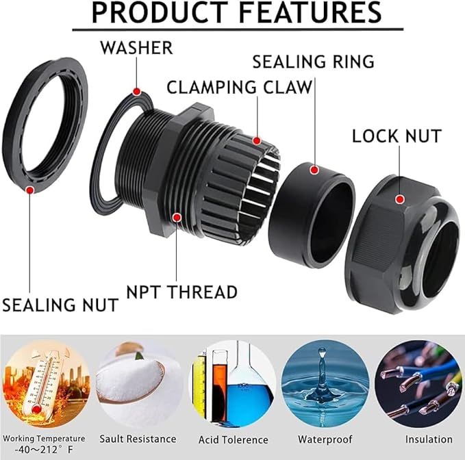 Cable Glands-PENGLIN 10PCS NPT Nylon Cable Connector 1-1/4", 1-1/2'', 1'',2'', Strain Relief Cord Connector With Gaskets, IP68 Waterproof Adjustable Locknut