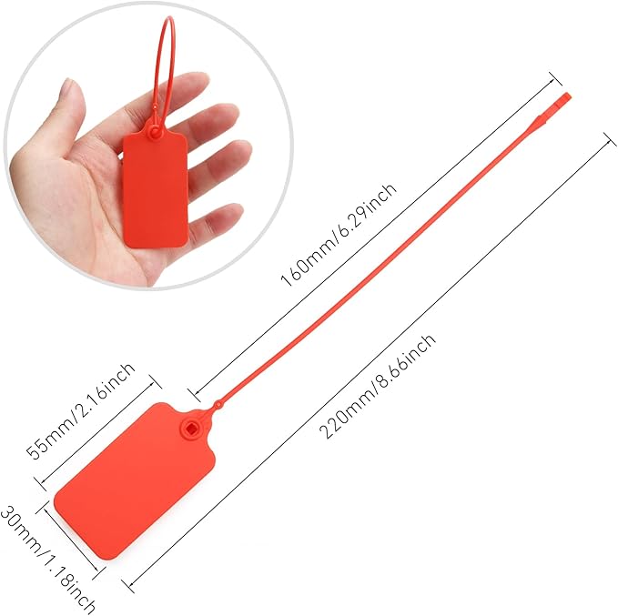 100 Red Blank Plastic Tags for Labeling Waterproof Hanging Labels Writable Tags Seal Plastic Marking Label for Clothes Bags Keys Inventory with One Marker Pen