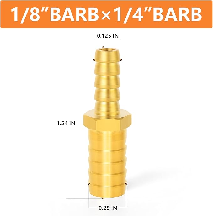 GASHER 2 Pieces Brass Hose Barb Reducer, 1/4 Inch to 1/8 Inch Barb Hose ID with 4 Hose Clam, Brass Barb Reducer SPLICER Fitting Fuel/AIR/Water/Oil/Gas/WOG