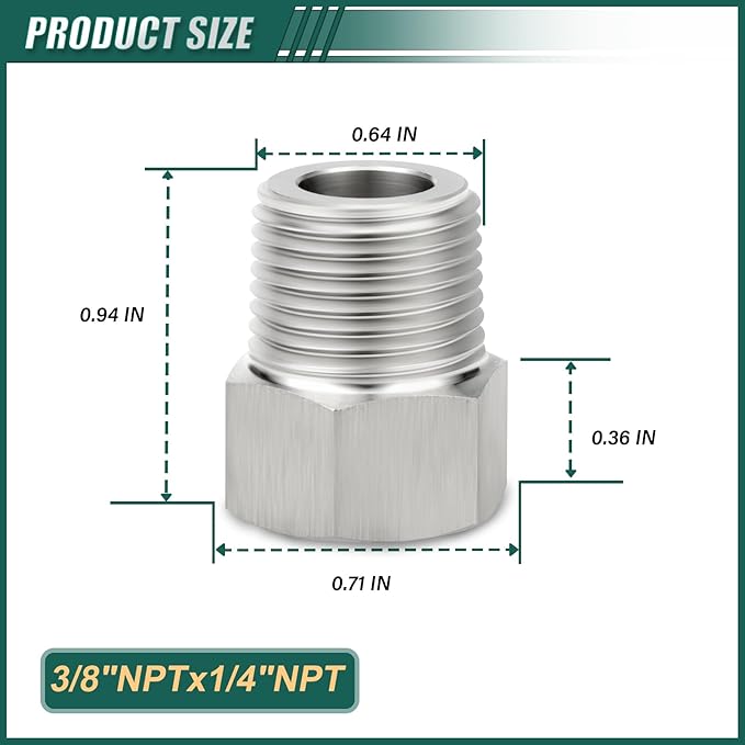 5PCS 304 Stainless Steel Reducer Hex Bushing, 3/8" NPT Male x 1/4" NPT Female, Reducing Pipe Adapter Fitting, for Air/Fuel/Water/Gas/Oil