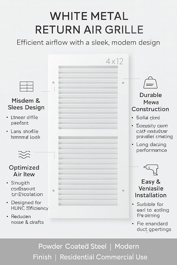 12 x 12 Inch Return Air Vent Cover, Solid Steel HVAC Grille for Wall or Ceiling, White Duct Opening, Durable Return Air Vent Cover, Airflow Ventilation Grille for Home or Office