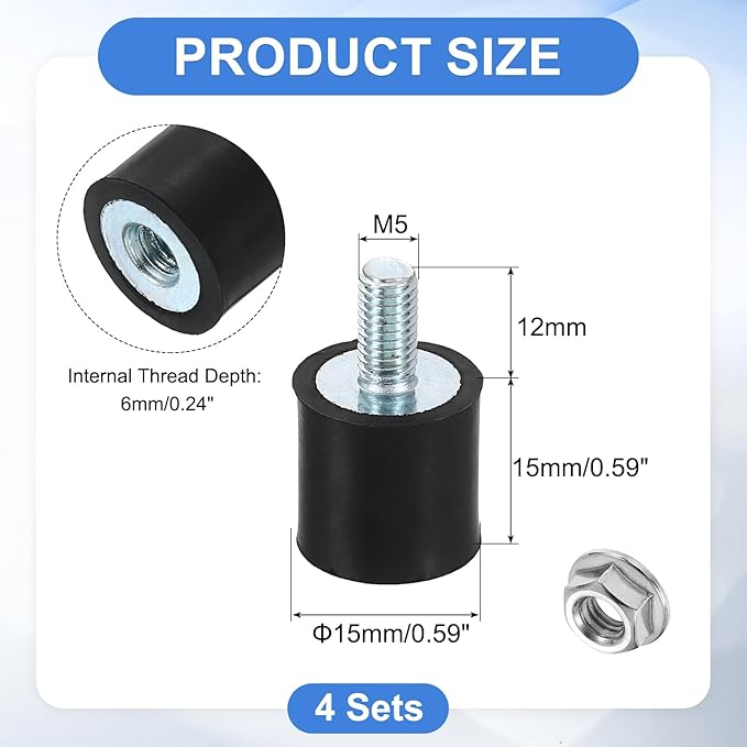 uxcell M5 Rubber Mounts, 4Pcs 15x15mm(DxH) Rubber Cylindrical Anti Vibration Isolator Shock Absorber with Lock Nuts for Car Bobbin Generator Air Compressors