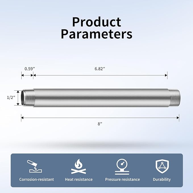 1/2"x8" 304 Stainless Steel Pipe, 1/2" NPTx 1/2" NPT Male Threaded Nipple, SCH40 Heavy Duty Pre-Cut Steel Pipe for Plumbing Gas, Hydraulic, and Industrial Applications(8", 2 Piece)