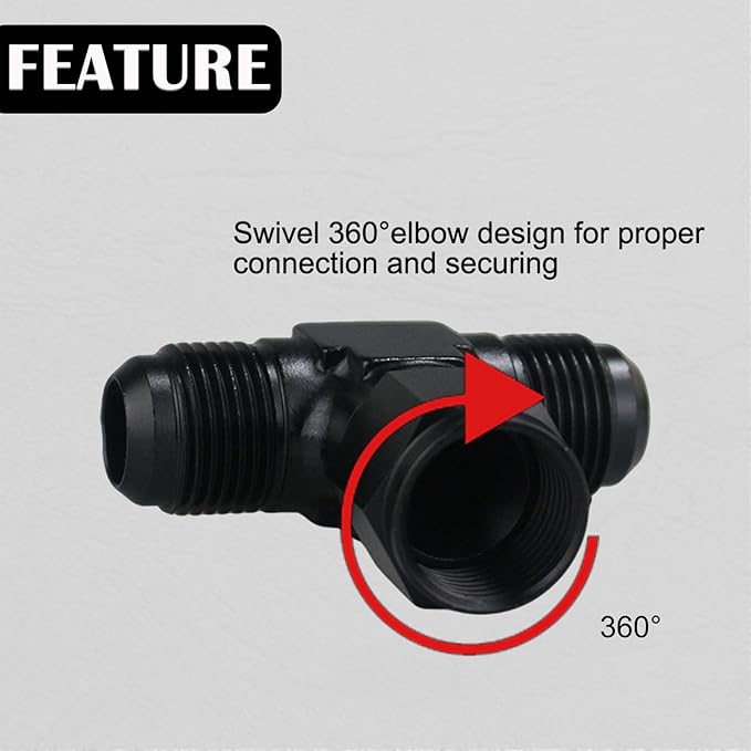 6AN Male Tee Fitting Adaptor with AN6 Female Swivel on Side Black