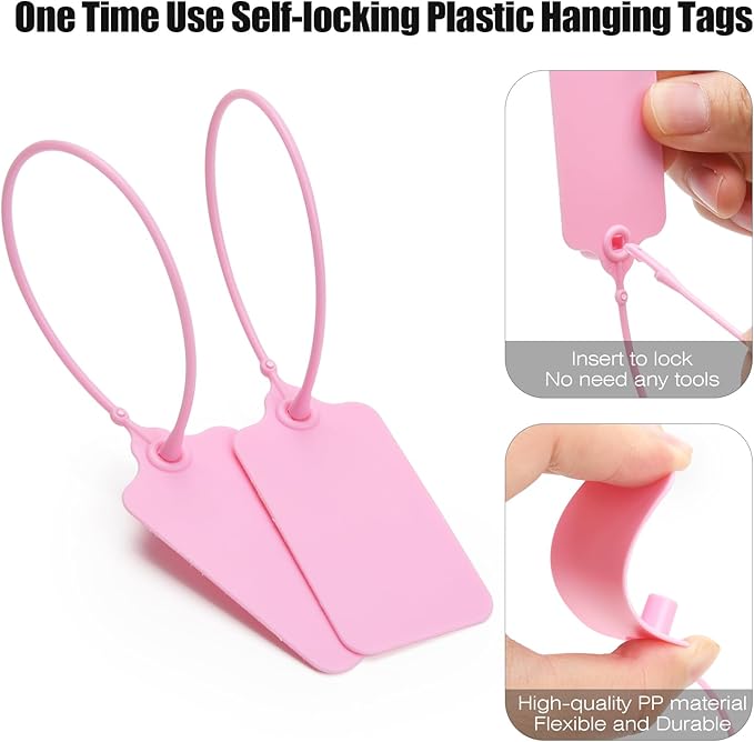 100 Pink Blank Plastic Tags for Labeling Waterproof Hanging Labels Writable Tags Seal Plastic Marking Label for Clothes Bags Keys Inventory with One Marker Pen