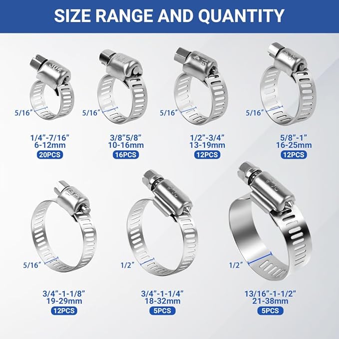 82 PCS Hose Clamp Assortment Kit - 304 Stainless Steel Worm Gear Hose Clamps Adjustable 1/4''- 1-1/2'' (6-38mm) Metal Fuel Line Clamp for Plumbing,Automotive And Mechanical Applications