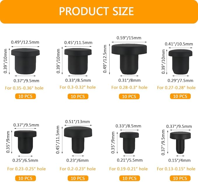 80 PCS Silicone Plugs Rubber Hole Plugs 0.15“ 0.21” 0.23“ 0.25” 0.29“ 0.31” 0.33“ 0.37” Rubber Stopper for Round Holes Waterproof Hole End Covers Soft Flexible Stopper Sealing Plugs Pipe Holes