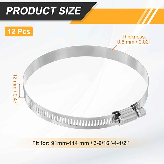 HARFINGTON 12 Pcs Hose Clamp 3-9/16"-4-1/2" (91-114mm) 304 Stainless Steel Adjustable Worm Gear Hose Clamp with Phillips Screw Assortment Kit for Fuel Line Pipe Plumbing Automotive Tube
