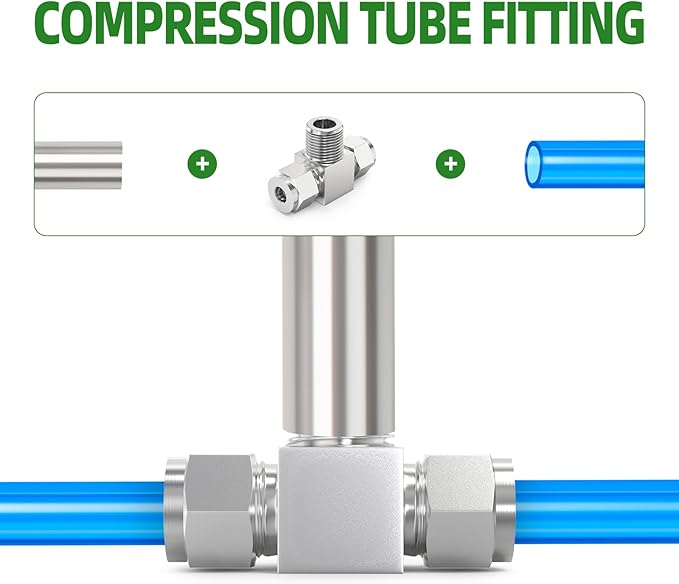 TAISHER 1PCS 304 Stainless Steel Compression Tube Pipe Fitting Connector, 1/8" Tube OD x 1/8" NPT Male x 1/8" Tube OD Tee Adapter