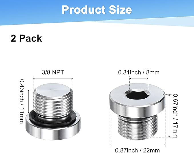 2-Pack Inner Hex Head Pipe Fitting Plug, 3/8 NPT 304 Stainless Steel Socket Bung Plug with Sealing Ring for Terminate Pipe Ends/Replacement Drains