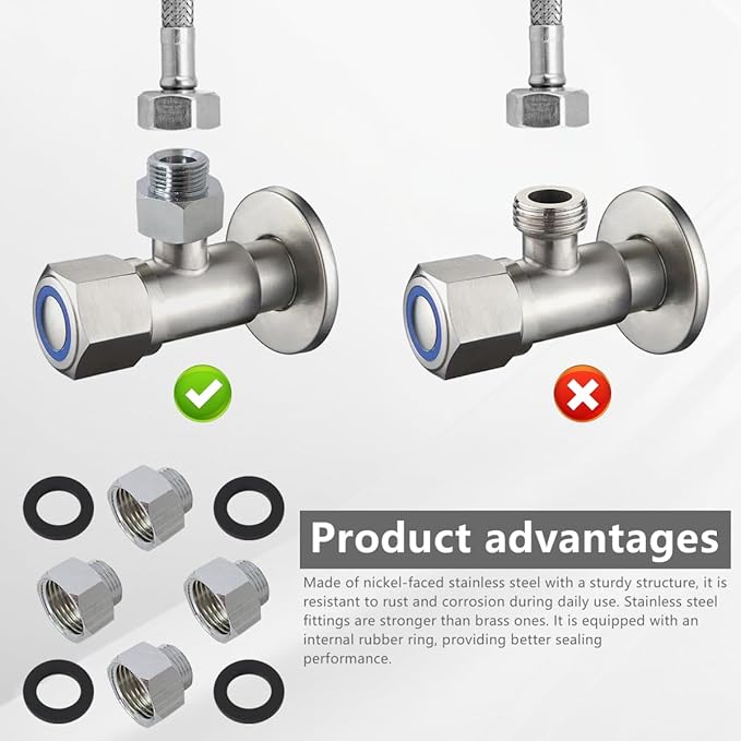 YYU 4-Pack Water Line Adapter, Pipe Fittings in 1/2" Female to 3/8" Male Reducer Adapter for Kitchen Bathroom Faucet Supply Hose, Stop Valve Pipe Connector With Rubber Washer