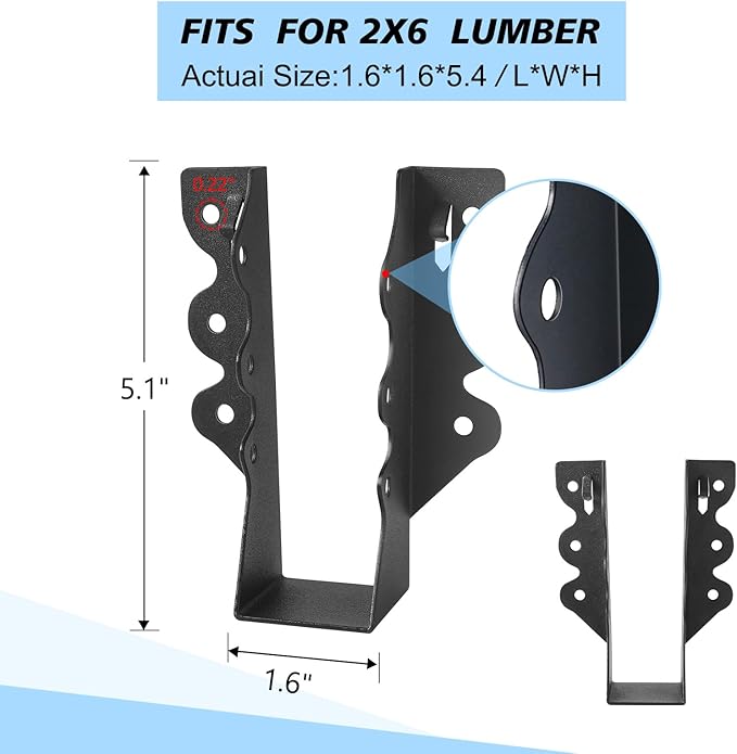 24 Pcs 2"x 6" Joist Hanger,Q235B Steel Face Mount Joist Hangers,Black Powder Coated Hurricane Ties for Rafter, Rafter Brackets for Floor, Deck and Ceiling Joists