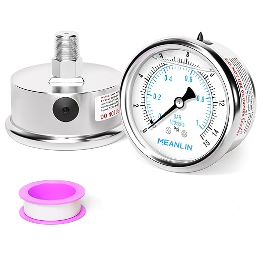 MEANLIN MEASURE 0~15Psi Liquid Filled Pressure Gauge Stainless Steel with 316 Stainless Steel Joint 1/4" NPT 2.5" FACE DIAL for Water Oil Air Well Pump Tank Tire Pressure Test Center Back Mount