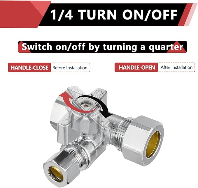 (Pack of 5) EFIELD 1/4-Turn Compression Stop Tee Valve, 1/2" NOM (5/8" OD) x 1/2" NOM (5/8" OD) x 3/8 inch Chrome Plated Brass,(VALVE247-5PCS)