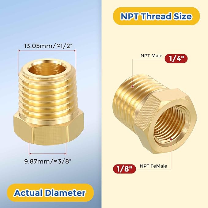 5 Pack Brass Pipe Fittings, 1/4" Male NPT to 1/8" FeMale NPT Brass Hex Bushing Reducer, Hose Tube Threaded Adapter for Air, Oil, LP