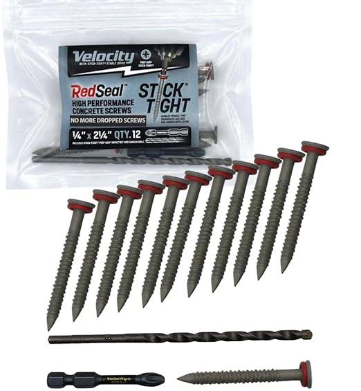 Velocity 2 1/4 Concrete Screws (Flat Head, 1/4") - Includes 12 High-Performance Cement Screws for Concrete with RedSeal Moisture Barrier, 1 PSD ACR Drive Bit and 1 Carbide Concrete Drill Bit