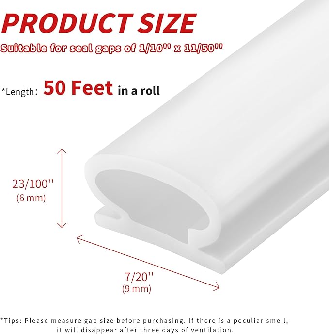 50 Feet D-Shape Rubber Weather Stripping Door Seal Strip, Self-Adhesive Backing Door Weatherstripping for Door Frame Insulation Large Gap, Easy Cut to Size with Tailor Scissors(White)