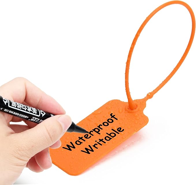 100 Orange Blank Plastic Tags for Labeling Waterproof Hanging Labels Writable Tags Seal Plastic Marking Label for Clothes Bags Keys Inventory with One Marker Pen