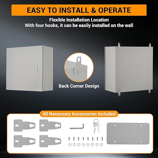 Outdoor Electrical Box, 16"x16"x8" NEMA 4X Steel Enclosure, IP67 Waterproof & Dustproof, Lockable Electrical Junction Box with Mounting Plate and 2 Keys, Indoor and Outdoor Use
