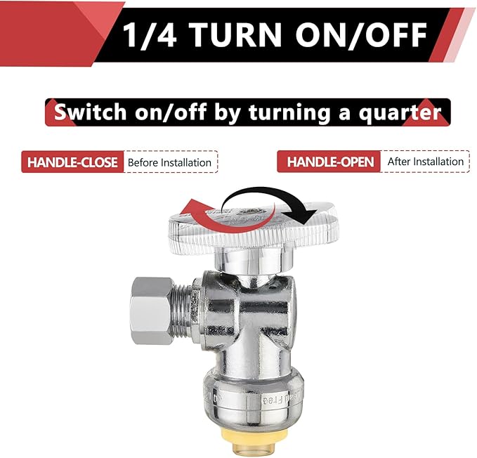 EFIELD Push Fit 1/4 Turn Angle Stop Valve Water Shut Off 1/2 Push x 3/8 Inch Compression Chrome With Disconnect Clip,(PF-VALVE028)