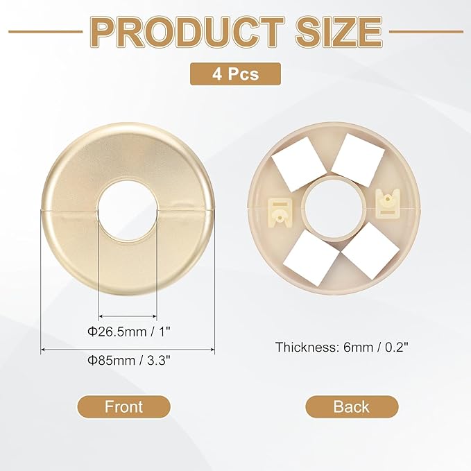 PATIKIL Wall Split Flange 85mm / 3.3" OD, 4 Pcs Round Escutcheon Plate Cover PPR Plumbing Cover Plates with Self-Adhesive Tape for 26.5mm / 1" Dia Water Pipe Faucet, Gold