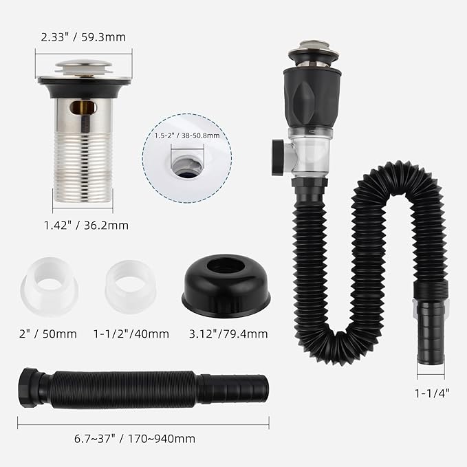 iFealClear Bathroom Sink Drain Kits, Flexible P-Trap Drain Pipe with Pop Up Stopper, Bathroom Sink Pipe Tube Replacement with 2 Adapters, Fits 1-1/4'', 1-1/2'', 2" Holes, Hair Catcher, Brushed Nickel