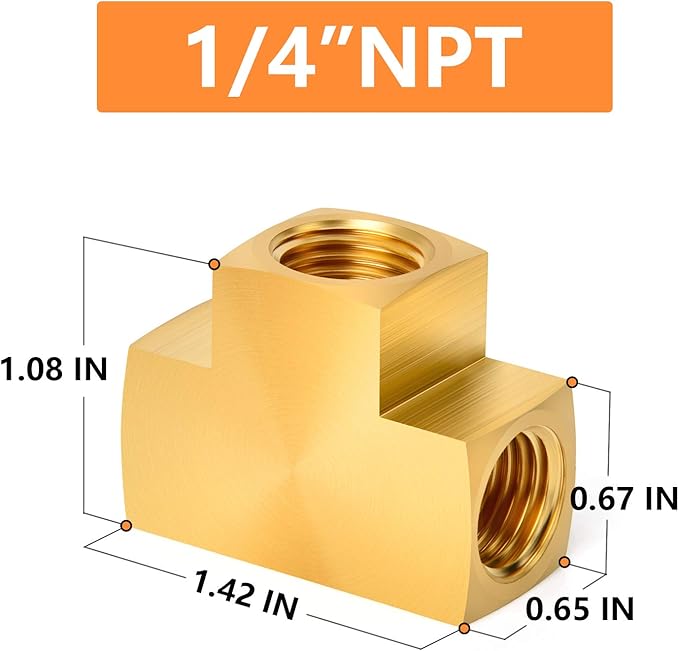 GASHER 1 Pcs Brass Barstock Tee, 1/4" x 1/4" x 1/4" NPT Female Pipe Fittings