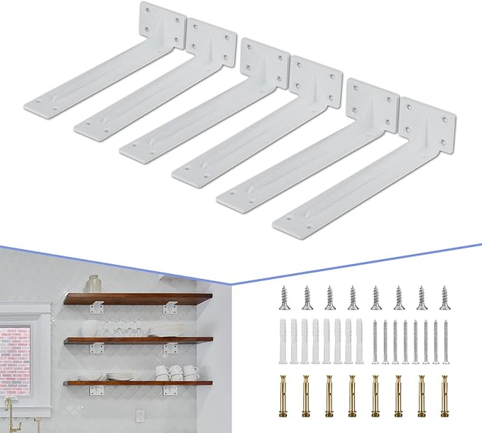 CLT Shelf Bracket( White) , 10” Quarter Inch (1/5") Thick- Max Load: 330 lb Rustic Industrial Modern Farmhouse Heavy Duty Corner Brace Joint Right Angle Bracket for DIY Table Bench, Pack of 6