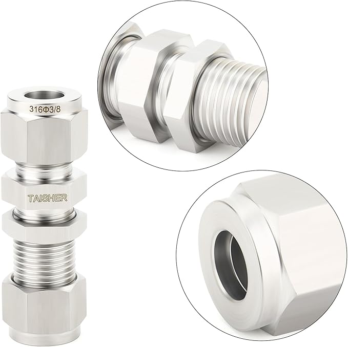 TAISHER 1PCS 316 Stainless Steel Thru-Bulk Bulkhead Compression Tube Pipe Fitting Connector, 3/8" Tube OD x 3/8" Tube OD Straight Adapter