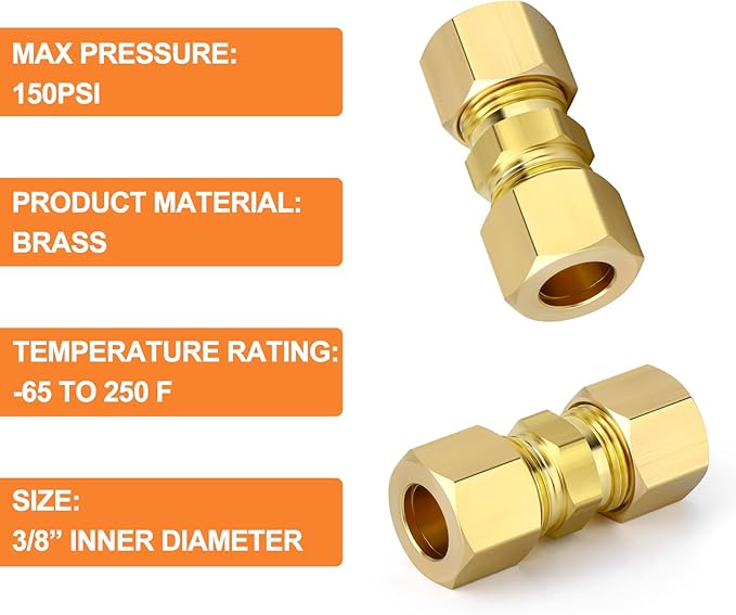 GASHER 10PCS Brass Compression Tube Pipe Fitting Connector, 3/8" Tube OD x 3/8" Tube OD Connector