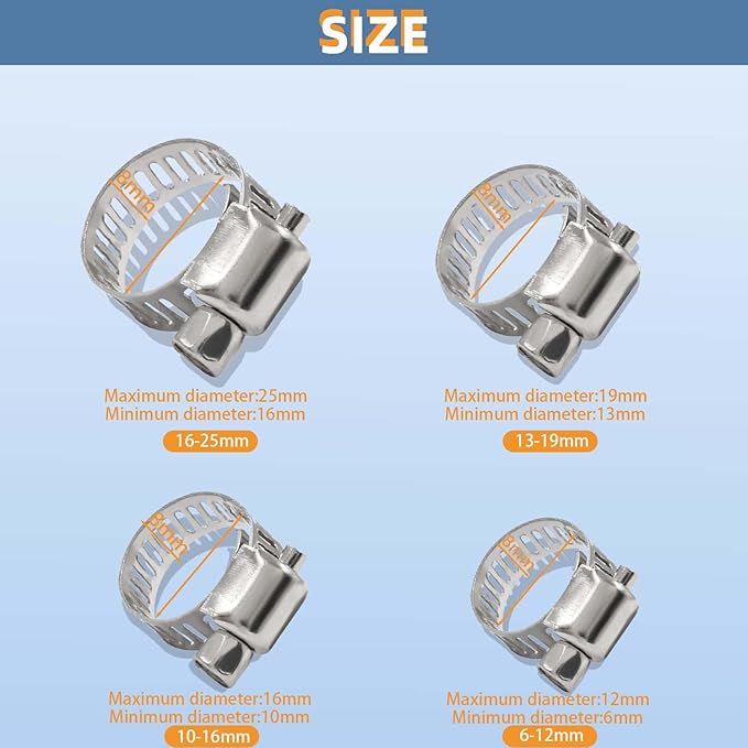 Hose Clamp-20pcs Stainless Steel Hose Clamps Adjustable 1/2''-3/4''(13-19mm) Worm Gear Hose Clamp,Metal Fuel Line Pipe Clamp for Fuel Line,Plumbing,Mechanical Applications,Radiators,Garden etc.
